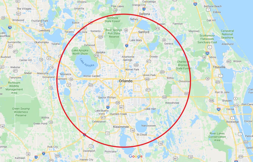 Gooogle Map of Orlando and surroundings